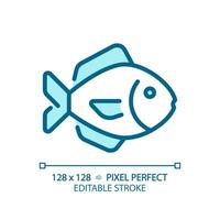 Fish pixel perfect blue RGB color icon. Seafood department. Aquatic products. Ocean catch. Marine cuisine. Isolated vector illustration. Simple filled line drawing. Editable stroke