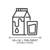 Dairy pixel perfect linear icon. Cows milk. Agricultural product. Calcium rich food. Beverage market. Thin line illustration. Contour symbol. Vector outline drawing. Editable stroke