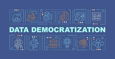 Data democratization text with various thin line icons on dark monochromatic background, 2D vector illustration.