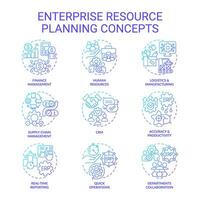 2D gradient icons set representing enterprise resource planning concepts, isolated vector, thin line illustration. vector