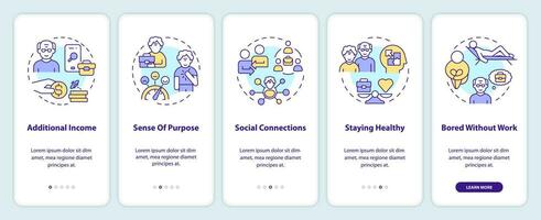 2D icons representing unretirement mobile app screen set. Walkthrough 5 steps colorful graphic instructions with thin line icons concept, UI, UX, GUI template. vector