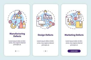 2d íconos representando producto responsabilidad móvil aplicación pantalla colocar. recorrido 3 pasos multicolor gráfico instrucciones con Delgado línea íconos concepto, ui, ux, gui modelo. vector