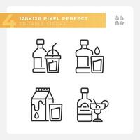 Bottled beverages pixel perfect linear icons set. Alcohol and soft drinks. Liquid refreshments. Customizable thin line symbols. Isolated vector outline illustrations. Editable stroke