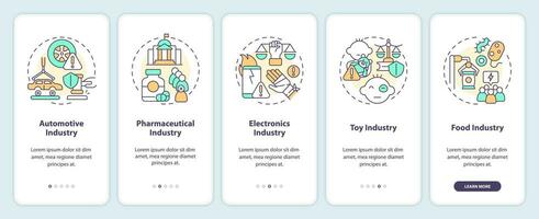 2d íconos representando producto responsabilidad móvil aplicación pantalla colocar. recorrido 5 5 pasos multicolor gráfico instrucciones con Delgado línea íconos concepto, ui, ux, gui modelo. vector