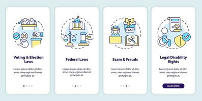 Laws and legal matters onboarding mobile app screen. Walkthrough 4 steps editable graphic instructions with linear concepts. UI, UX, GUI template vector