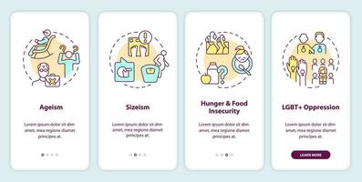 Social injustice examples onboarding mobile app screen. Walkthrough 4 steps editable graphic instructions with linear concepts. UI, UX, GUI template vector