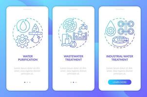 agua tratamiento azul degradado inducción móvil aplicación pantalla. purificación recorrido 3 pasos gráfico instrucciones con lineal conceptos. ui, ux, gui modelo vector