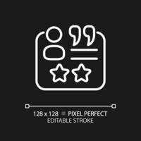 Customer testimonials pixel perfect white linear icon for dark theme. Service review from pleased client. Business rating. Thin line illustration. Isolated symbol for night mode. Editable stroke vector