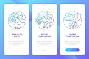 Water conservation aims blue gradient onboarding mobile app screen. Walkthrough 3 steps graphic instructions with linear concepts. UI, UX, GUI template vector