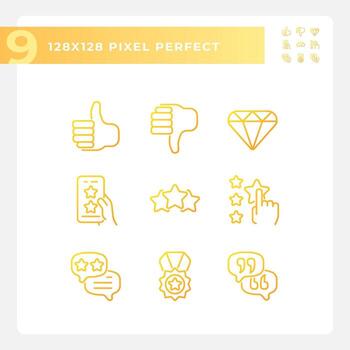 Customer rating pixel perfect gradient linear vector icons set. Client feedback about product. Business ranking. Thin line contour symbol designs bundle. Isolated outline illustrations collection