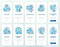 Agriculture policy interests blue onboarding mobile app screens set. Walkthrough 5 steps editable graphic instructions with linear concepts. UI, UX, GUI template vector