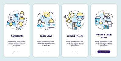 Laws and legal issues onboarding mobile app screen. Walkthrough 4 steps editable graphic instructions with linear concepts. UI, UX, GUI template vector