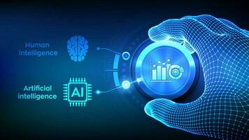 Human mind vs Artificial Intelligence digital mind. Human or AI choice concept. Wireframe hand turning a knob to switch from Human mind to Artificial Intelligence digital mind. Vector illustration.