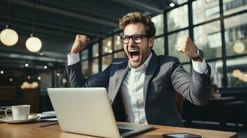 Successful entrepreneur celebrating with fist pump in front of laptop. Generative AI photo