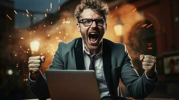 Successful entrepreneur celebrating with fist pump in front of laptop. Generative AI photo