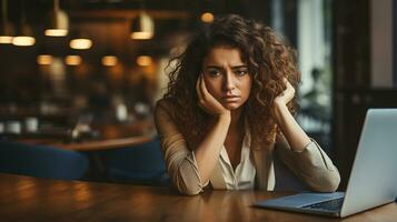 estresado cansado mujer sufrimiento desde dolor de cabeza en frente de computadora. preocupado hembra empresario pensando acerca de problemas y proyecto fecha límite sensación exhausto. generativo ai foto