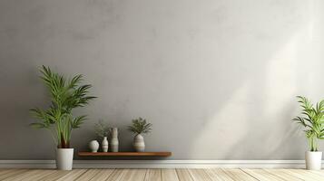 Room with empty grey wall, wooden floor with plant. Bright room interior mockup. Empty room for mockup photo