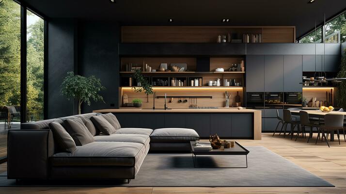 https://static.vecteezy.com/system/resources/thumbnails/028/297/708/small_2x/modern-interior-design-kitchen-and-bright-spacious-room-with-a-comfortable-sofa-plants-and-elegant-accessories-black-walls-parquet-floor-generative-ai-photo.jpg