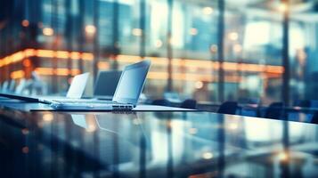 Abstract blurred background office. Defocused architecture blurred motion abstract background. Generative AI photo