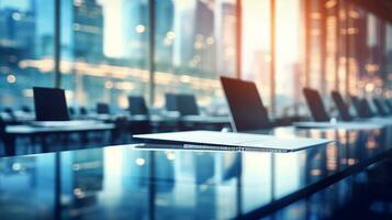 Abstract blurred background office. Defocused architecture blurred motion abstract background. Generative AI photo
