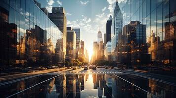 Reflective skyscrapers, business office buildings. low angle view of skyscrapers in city, sunny day. Business wallpaper with modern high-rises with mirrored windows. Generative AI photo