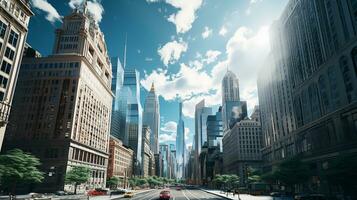 Reflective skyscrapers, business office buildings. low angle view of skyscrapers in city, sunny day. Business wallpaper with modern high-rises with mirrored windows. Generative AI photo