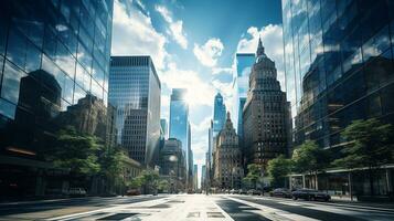 Reflective skyscrapers, business office buildings. low angle view of skyscrapers in city, sunny day. Business wallpaper with modern high-rises with mirrored windows. Generative AI photo