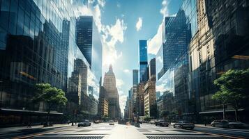 Reflective skyscrapers, business office buildings. low angle view of skyscrapers in city, sunny day. Business wallpaper with modern high-rises with mirrored windows. Generative AI photo