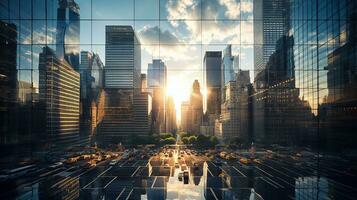 Reflective skyscrapers, business office buildings. low angle view of skyscrapers in city, sunny day. Business wallpaper with modern high-rises with mirrored windows. Generative AI photo