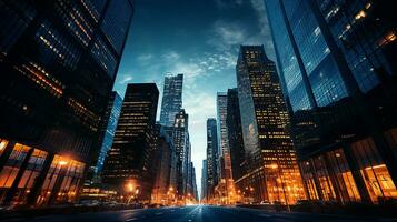 Reflective skyscrapers, business office buildings. low angle view of skyscrapers in city, sunny day. Business wallpaper with modern high-rises with mirrored windows. Generative AI photo