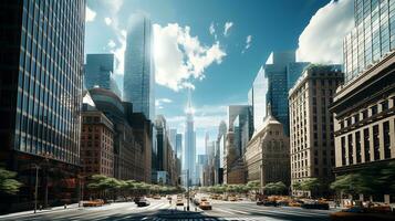 Reflective skyscrapers, business office buildings. low angle view of skyscrapers in city, sunny day. Business wallpaper with modern high-rises with mirrored windows. Generative AI photo