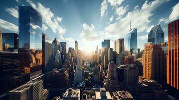 Reflective skyscrapers, business office buildings. low angle view of skyscrapers in city, sunny day. Business wallpaper with modern high-rises with mirrored windows. Generative AI photo