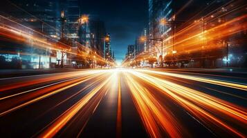 Car motion trails. Speed light streaks background with blurred fast moving light effect, Racing cars dynamic flash effects city road with long exposure night lights. Generative AI photo