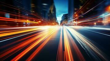 Car motion trails. Speed light streaks background with blurred fast moving light effect, Racing cars dynamic flash effects city road with long exposure night lights. Generative AI photo