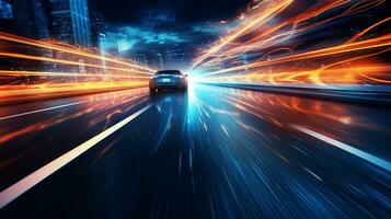 Car motion trails. Speed light streaks background with blurred fast moving light effect, Racing cars dynamic flash effects city road with long exposure night lights. Generative AI photo