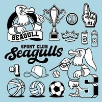 Set of Seagull Mascot and Sport Object in Old School Style vector