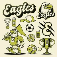 Eagle Mascot Object Sport Set in Vintage Hand Drawn Design vector