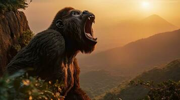 A gorilla stood shouting and showing off its strength on a high cliff at sunset. Generative Ai photo