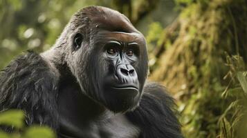 A silverback mountain gorilla in a rainforest. Generative Ai photo