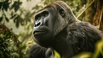 A silverback mountain gorilla in a rainforest. Generative Ai photo