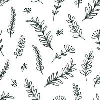 Leaves and twigs seamless pattern. Vector wallpaper background with hand drawn botanical plants doodle sketch ornament.