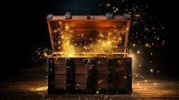 Glowing golden sparkles and stars rising from an old, opened wooden treasure chest. Darkly lit on a planked surface with black chalkboard background. Generative Ai photo
