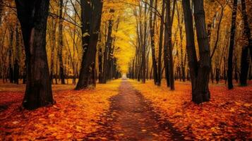 Autumn forest scenery with road of fall leaves, warm light illumining the gold foliage. Footpath in scene autumn forest nature. Generative Ai photo