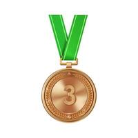 Realistic bronze medal on green ribbon with engraved number three. Sports competition awards for third place. Championship reward for achievements and victory. vector