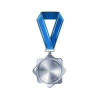 Realistic silver empty medal on blue ribbon. Sports competition awards for second place. Championship reward for victories and achievements vector