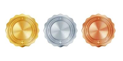 Blank medal templates in gold, silver, and bronze. Versatile designs for custom awards and creative projects vector