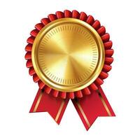 Shiny realistic empty gold award medal with red ribbon rosettes on white background. Symbol of winners and achievements. vector