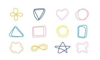 Doodle Shapes colorful lines. Hand drawn circle, star, triangle, heart. Set of abstract form for diary or social media. Geometric decorative elements. Scribble forms. Vector illustration