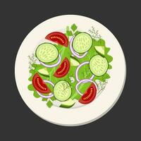 Vegan salad with cucumber, tomato, onion and dill. Top view on a plate. Vector illustration.