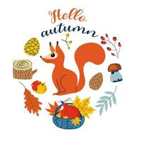 Hello autumn. Cartoon squirrel, hand drawing lettering. Card with leaves, autumn elements and cute forest animal on white background. Design for cards, print, poster. vector